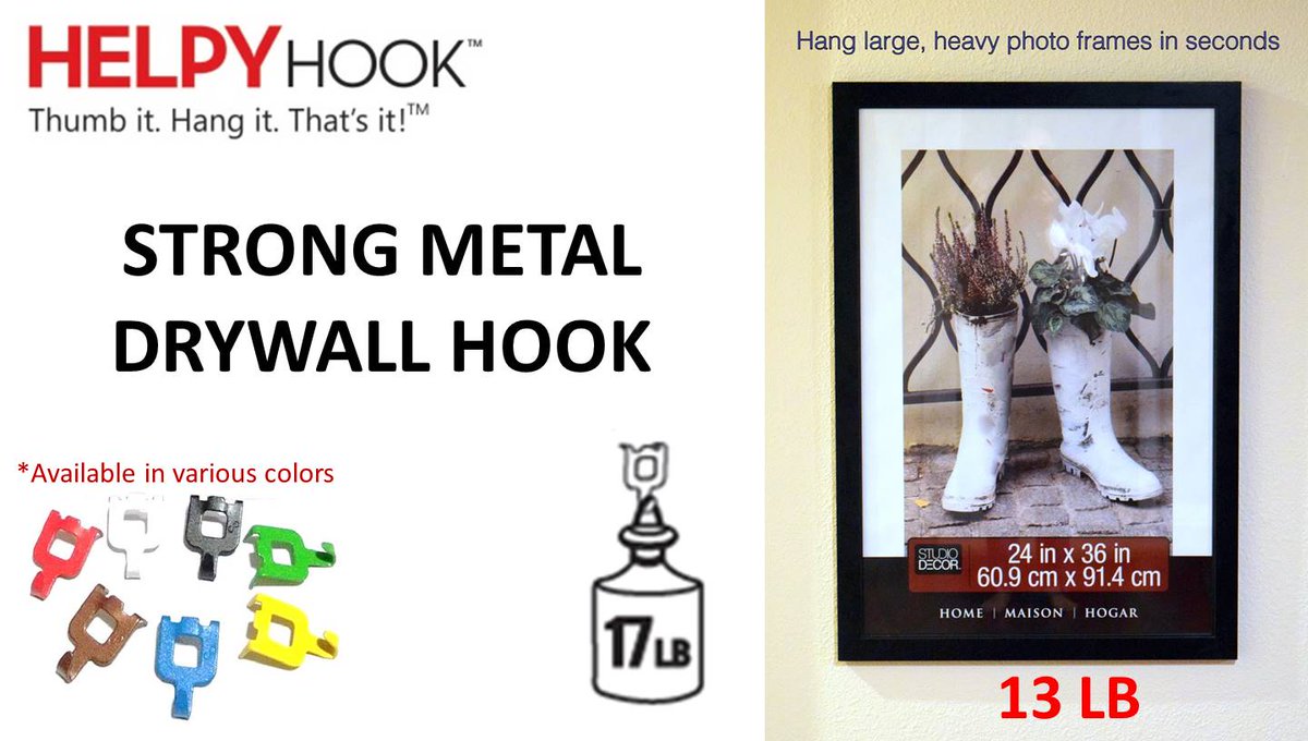 HelpyHook's tweet photo. HelpyHook - Strong Metal Drywall Hook. 
Thumb it! Hang it! That's it!

#picturehangers #drywall #DIY https://t.co/EZJWrBBH0x