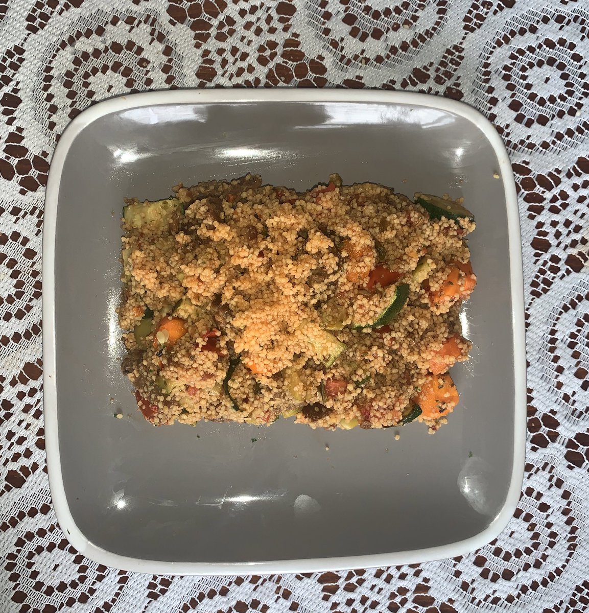 I think this is what you call making a meal of it ... cous cous with a lot of roasted veg &amp; meatballs