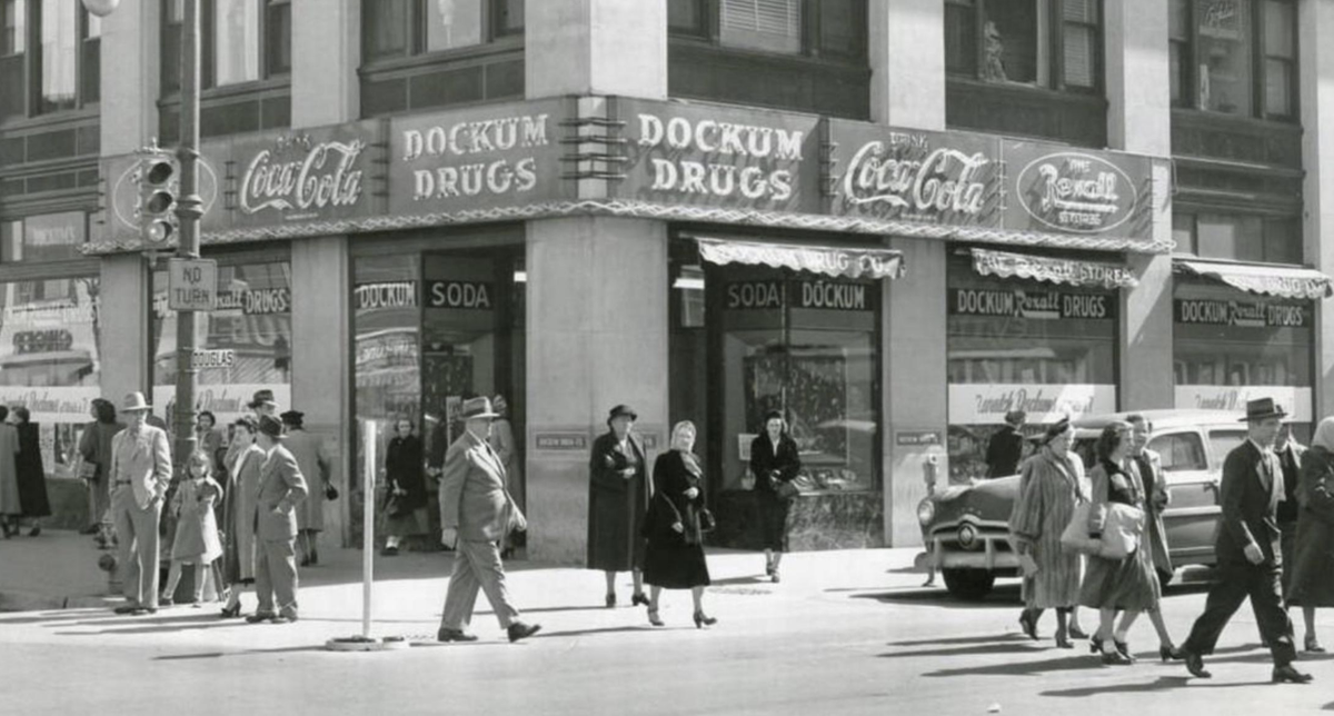 An old photograph of Dockum Drug Store in Wichita, Kansas.