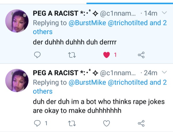 BurstMike's tweet photo. This is how "Woke" "Progressive" "People" debate. 
😂😂😂😂. 
@c1nnam0ngir1

But get offended if you call them stupid for their nonsense replies. https://t.co/IdRW9ySh95