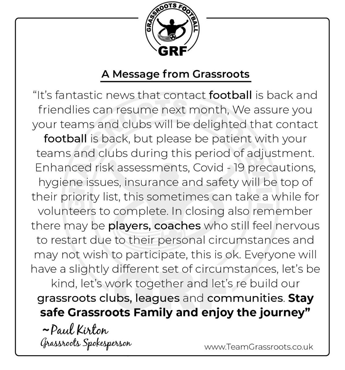 A message from Grassroots Spokesperson Paul Kirton