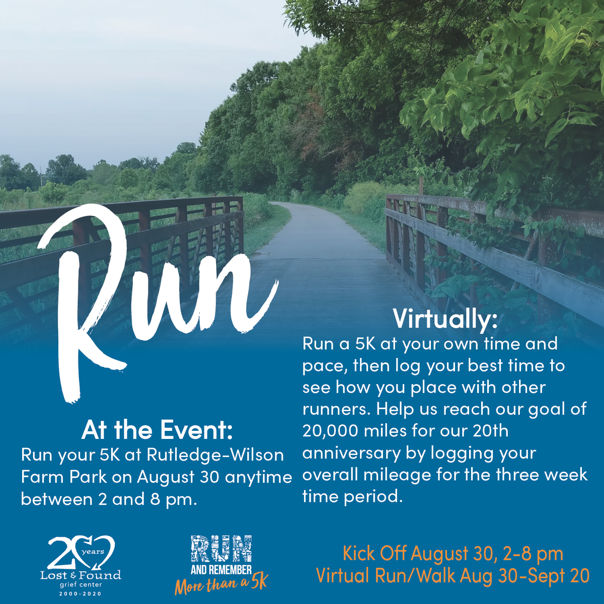 LostandFoundGC's tweet photo. We are taking things virtual this year!
That means you can Run and Remember from ANYWHERE. Help us reach our goal of 20,000 miles for our 20th anniversary by inviting friends and family to run with you from wherever they are.
โ #morethana5k #virtual5k #runandremember https://t.co/t9wRXB2BEa