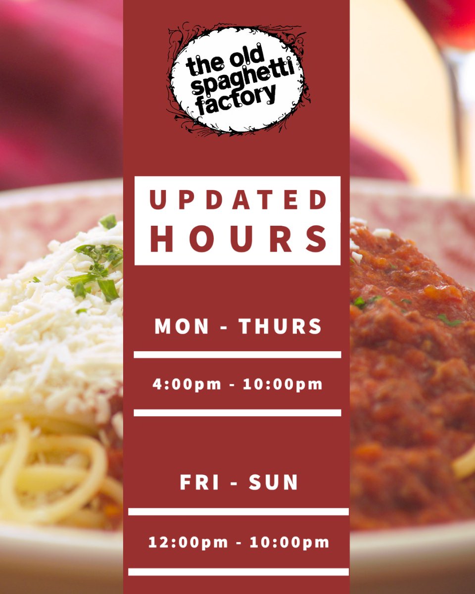 OldSpaghettiTO's tweet photo. We have changed our hours in order to serve you better. We hope to see you all soon! 
- - - - - - - 
#oldspaghettifactorytoronto #torontorestaurants #torontofood #torontopatios #patioseason #spaghetti #pastalovers #comeandgetit https://t.co/S3UIRaUfcF
