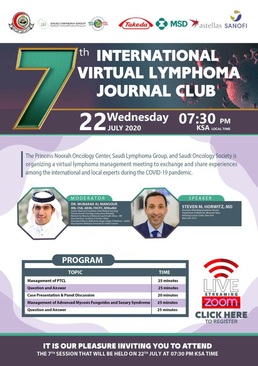LymphomaVirtual's tweet photo. Join us in the 7th International Virtual Lymphoma Journal Club to be held on Wednesday, 22 July 2020, 07:30 pm KSA local time via Zoom Live Streaming. Click this link for REGISTRATION https://t.co/JV2WdNn7ve https://t.co/LgZja96REt