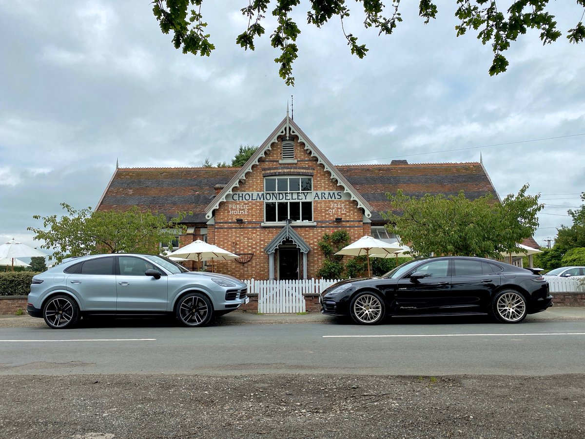 rybrookcars's tweet photo. This week we took a little drive in our Panamera 4 E-Hybrid and Cayenne S Coupe demonstrators to visit our friends at The Cholmondeley Arms who reopened this month 😀  

@CholmArms @Porsche_Chester 

#PorscheChester #Cayenne #Panamera #Porsche #luxurycars #sportscar #Cheshire https://t.co/GSxEujd0x5