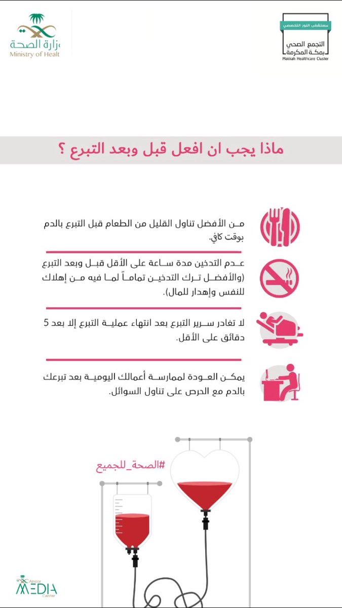 nsh_med's tweet photo. يُعتبر #التبرع_بالدم عمل إنساني إجتماعي يساهم في إنقاذ حياة
 العديد من المرضى الذين هم 
في حاجة ماسة لنقل الدم شارك معنا في حملة التبرع بالدم  تحت شعار #الصحة_للجميع فأهلاً بكم 
في #مستشفى_النور_التخصصي 
#التجمع_الصحي_بمكة_المكرمة 

ماذا يجب أن أفعل قبل وبعد التبرع بالدم ؟ 🔽 https://t.co/e4lUODMG7d