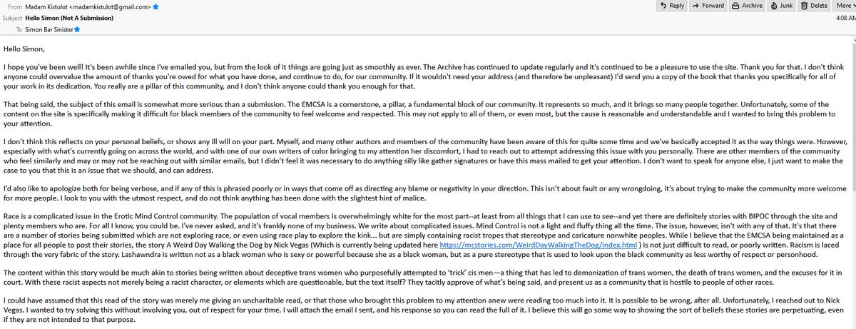 I could go on about how I think Simon is a reasonable fellow, but I went over that in the email.It's long, but I'm including screenshots of it here: