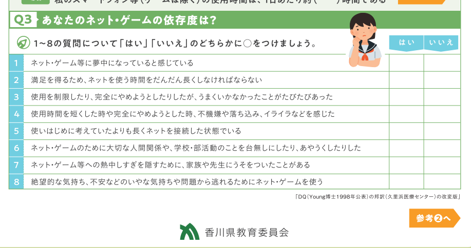 Sho Doi On Twitter 久里浜医療センターでさえインターネット依存度テストの結果とゲーム障害を直接結びつけていなかったように思うけど で このネット ゲーム依存予防対策学習シートが既に県内の学校で配られてるらしいけど大丈夫か 他にも怪しげな内容も掲載され