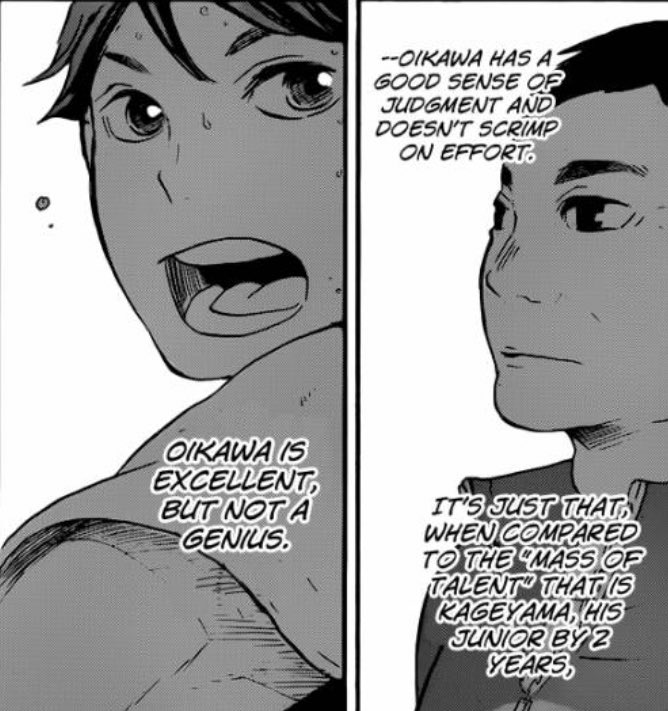 one of oikawa’s most defining traits is the fact that he, though physically adept with great sense of the game, is not a genius when it comes to volleyball. said geniuses were a “wall he couldn’t overcome”