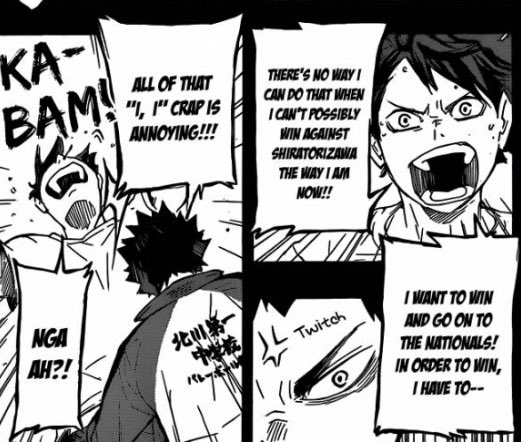 it’s what leads him to overworking himself. he practices his serves because he, /alone/, wanted to defeat the geniuses. which results in the infamous speech from iwaizumi. “the team with the stronger six wins”