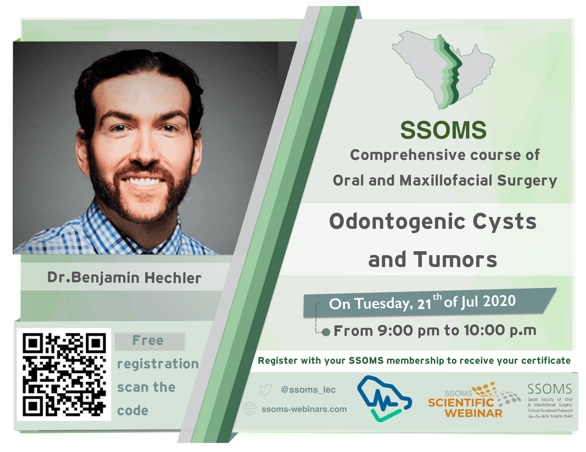 💫SSOMS Scientific Webinars

Dr. Benjamin Hechler

Odontogenic Cysts and Tumors 

🗓️21 July 2020
🕘9:00 PM - 10:00 PM Riyadh (GMT+3)/(PDT -10)
🔗Registration: bit.ly/3cTEEOx

#Maxillofacial  #Surgery #odontogenictumors #oralcancer