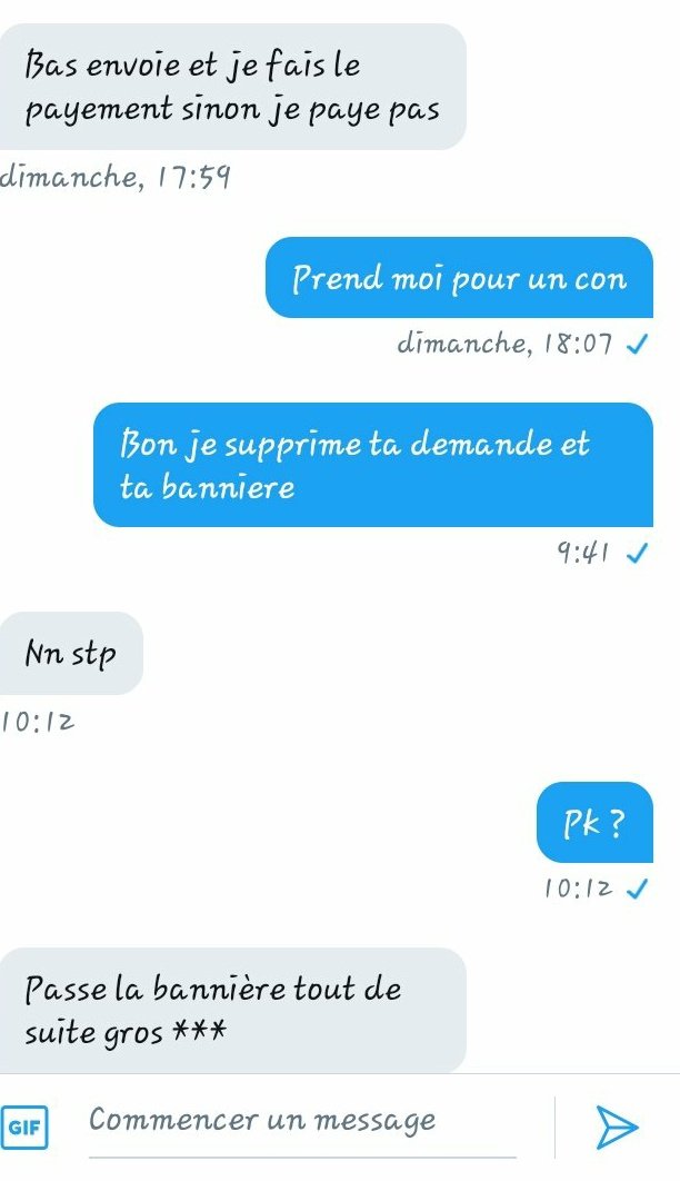 ChercheGraph's tweet image. On revient en douceur avec un client qui veut swatter le graphiste car il faut payer avant d&apos;avoir son produit (la boulangerie vous vous souvenez)

On a le bonus insulte homophobe sur la deuxième image 

Et bonus n°3, il ne sait pas enregistrer une image, un grand génie