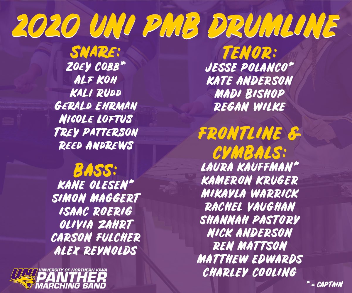 pmbdrumline's tweet photo. Now presenting... your 2020 UNI PMB Drumline! We would like to thank everyone who auditioned and we are looking forward to this fall! https://t.co/qo7ERIS5x0
