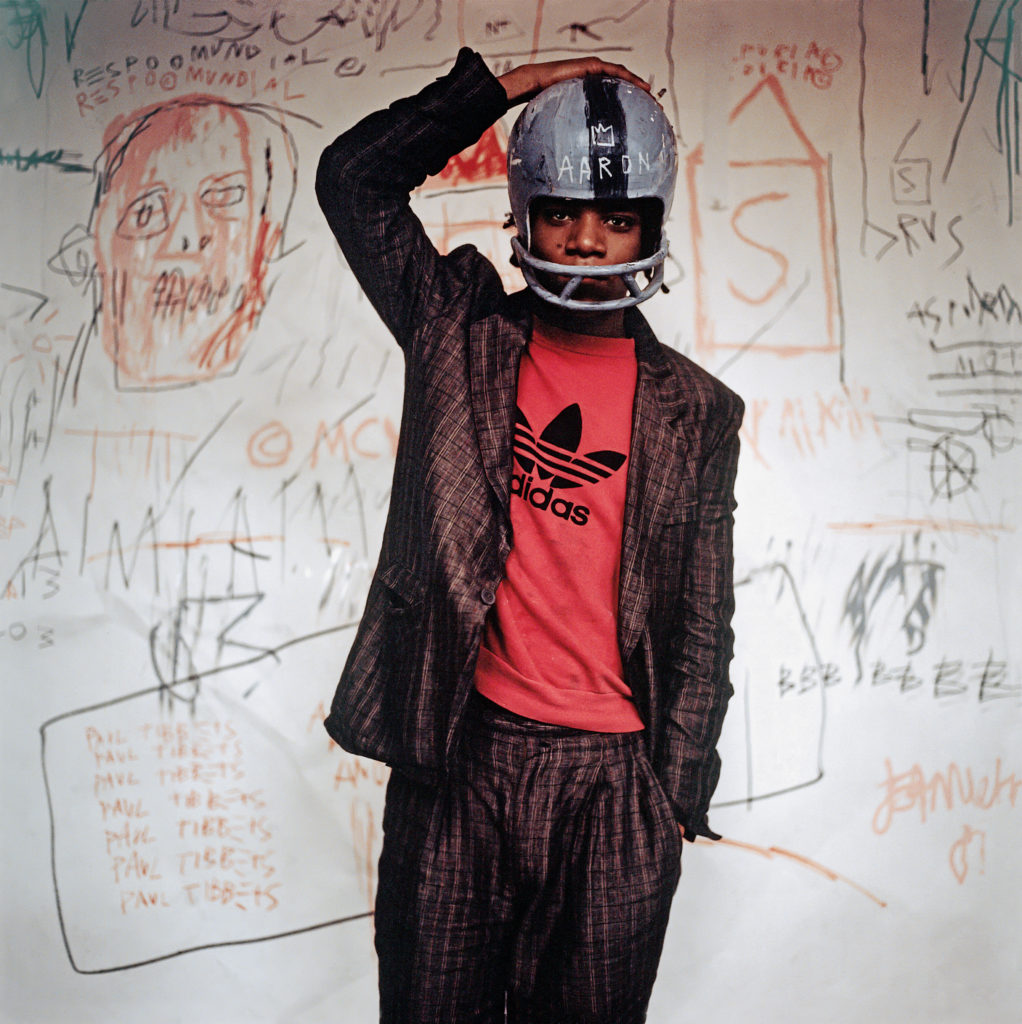 Edo Bertoglio - Jean-Michel Basquiat wearing an American football helmet (1981)
