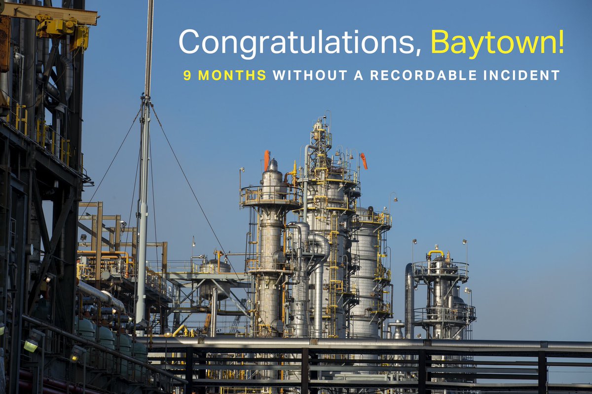 CovestroBaytown's tweet photo. Today is a special day – our site achieved 9 months (274 days) without a recordable injury. Safety is everyone's responsibility &amp; we want to thank our employees &amp; contractors for making this achievement possible! #SafetyFirst https://t.co/b1aqWpI3WO
