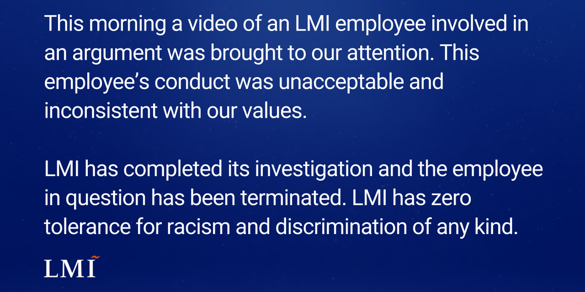 LMIsolutionscom's tweet photo. LMI has zero tolerance for racism and discrimination of any kind. https://t.co/aNIYQx2RKj