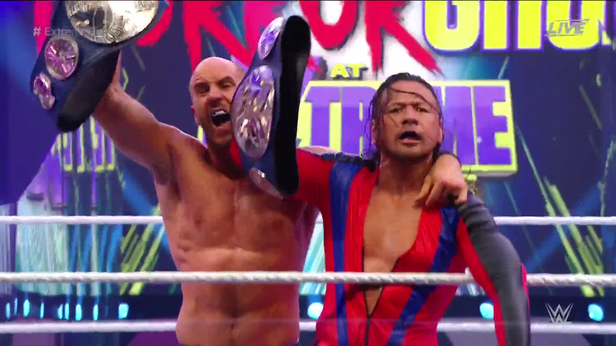 WWE's tweet photo. WE HAVE NEW CHAMPS.

@WWECesaro &amp; @ShinsukeN have ended #TheNewDay's 8️⃣th reign to become the new #SmackDown #TagTeamChampions! #ExtremeRules https://t.co/13OZbKKTne