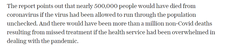 This is the 20th paragraph of the Telegraph news story"The report points out that nearly 500,000 people would have died from coronavirus if the virus had been allowed to run through the population unchecked"How this aligns with the headline is not clear to me