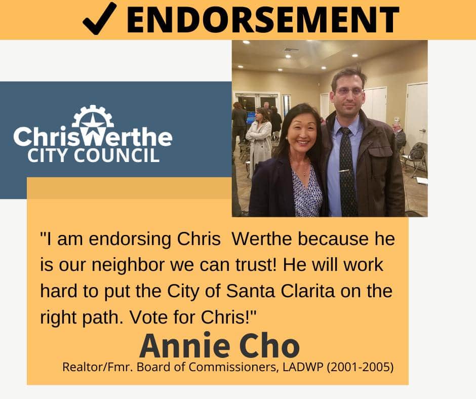 ChrisWerthe4SCV's tweet image. Thank you, @AnnieCho38! I appreciate your support. #BlueWave2020 #SantaClarita