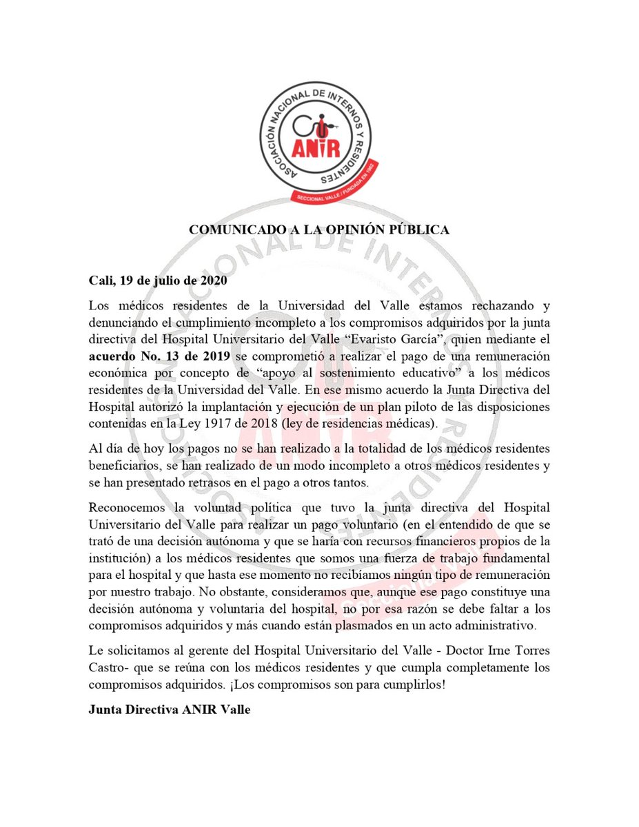 ANIR SECCIONAL VALLE (@anirvalle) on Twitter photo Denuncia pública de la ANIR Valle
La Junta Directiva del HUV no ha cumplido con el pago a los médicos residentes de Univalle
<a href="/HUVoficial/">Hospital Universitario HUV</a> <a href="/DilianFrancisca/">Dilian Francisca T.</a> @CarolinaCorcho <a href="/OscarAraujoQ/">OSCAR ARAUJO</a> <a href="/ANIRNACIONAL/">ANIR NACIONAL</a> <a href="/anirantioquia/">ANIR Antioquia</a> <a href="/AnirCauca/">ANIR Cauca</a> <a href="/anircaribe/">Anir Caribe</a> <a href="/Caracol_Cali/">Caracol Radio Cali</a> <a href="/WRadioColombia/">W Radio Colombia</a> <a href="/RCN980cali/">RCN Radio Cali</a> Denuncia pública de la ANIR Valle
La Junta Directiva del HUV no ha cumplido con el pago a los médicos residentes de Univalle
<a href="/HUVoficial/">Hospital Universitario HUV</a> <a href="/DilianFrancisca/">Dilian Francisca T.</a> @CarolinaCorcho <a href="/OscarAraujoQ/">OSCAR ARAUJO</a> <a href="/ANIRNACIONAL/">ANIR NACIONAL</a> <a href="/anirantioquia/">ANIR Antioquia</a> <a href="/AnirCauca/">ANIR Cauca</a> <a href="/anircaribe/">Anir Caribe</a> <a href="/Caracol_Cali/">Caracol Radio Cali</a> <a href="/WRadioColombia/">W Radio Colombia</a> <a href="/RCN980cali/">RCN Radio Cali</a>