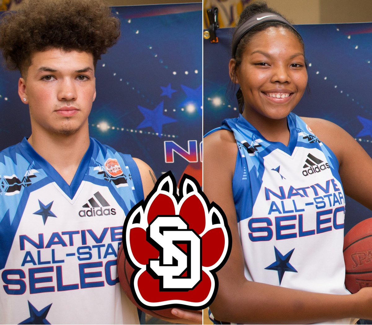ndnsports's tweet photo. Good luck to Mason Archambault (Standing Rock Sioux) & Aspen Williston (Choctaw) who begin their new basketball journey's with the USD Coyotes. Both were members of the inaugural #NativeTop50 combine where Mason was rated #4 and Aspen was rated the #1.
#NativeAthletes #USD #Yotes https://t.co/fOKeUfnQHi