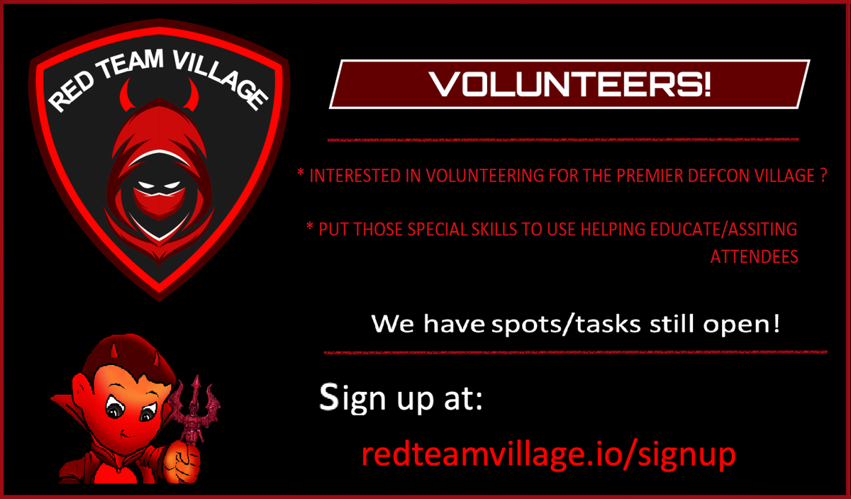RedTeamVillage_'s tweet photo. #Final #Days to Volunteer for the @defcon #RedTeam Village we have a few slots open, closes this Friday.

#DEFCON28 #VIRTUAL #SAFEMODE #AUG6th_9th

#VOLUNTEER #REDTEAMVILLAGE #RedTeam

DC Red Team Village official: https://t.co/QWylkbFcOu https://t.co/9L3FIBcPeX