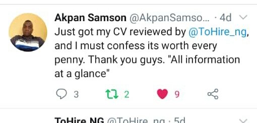 tohire_ng's tweet photo. Recent #Testimonials from our #CVRewrite Services ๐ https://t.co/B5OJ8nDpMC
