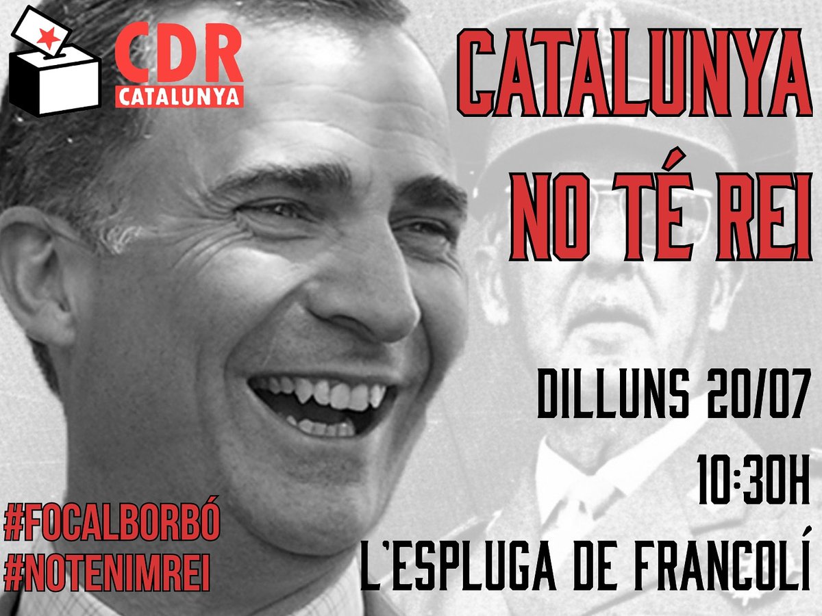 Ni un pam de terra a la infame corona espanyola. 

👑🔥 Fem fora el Borbó de Poblet i els Països Catalans! 

🗓 Dilluns 20/07
🕥 10:30h
🏰 Pàrquing del Pavelló del Casal (L'Espluga de Francolí)

#NoTenimRei
#FocAlBorbò
#CDRenXarxa pic.x.com/W5iTUs8ywZ