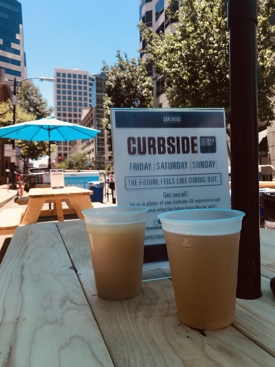 seanwarner_'s tweet photo. You’re table is ready! #CurbsideSD #ColumbiaDistrict #DTSD Outdoor dining in the street #flexiblestreets #WearAMask https://t.co/S7355P4b4A