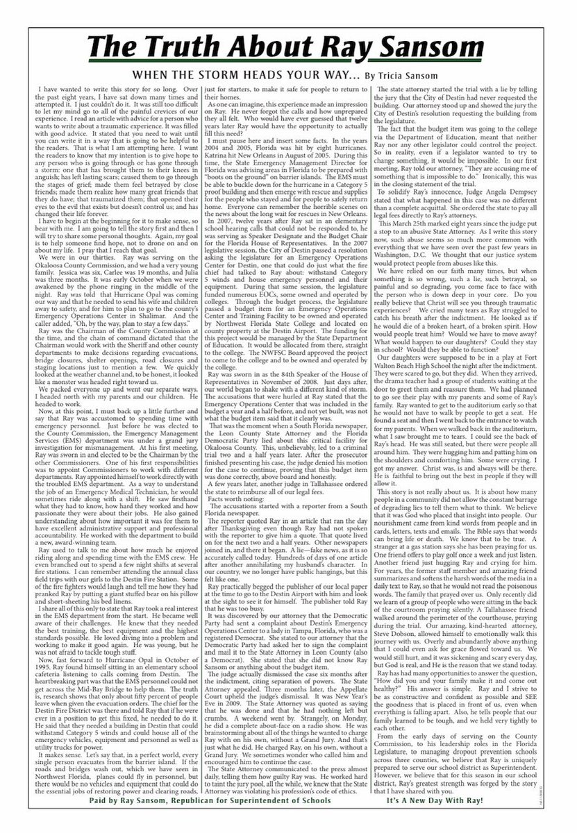 FULL STORY: voteraysansom.com/services/

Today, through an ad in the <a href="/nwfdailynews/">nwfdailynews</a>, my wife, Tricia, shared the very personal side of everything my family and I walked through about a decade ago.  By clicking the link you will see the full story. Thank you for reading and sharing.