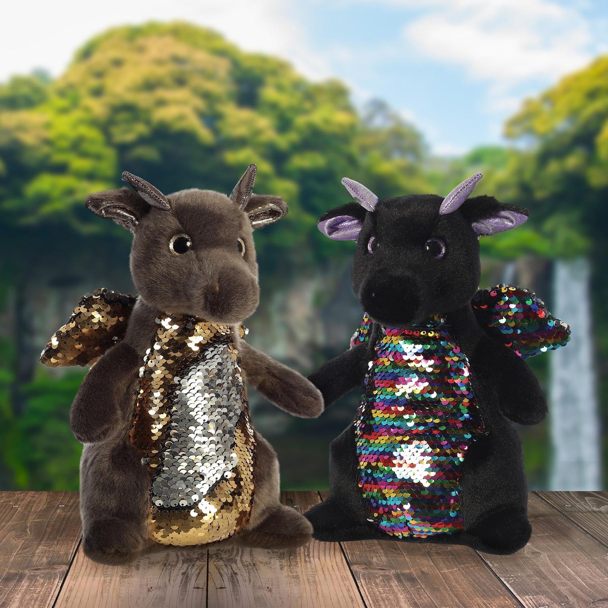 NearlyInc's tweet photo. These Shimmers Dragons are usually hidden during the day and come out at night with their bright and shining reversible flip sequined belly and wings! Today, although the sun is still out, they decided to come out and play! #plush #bestplushinCanada #aurora #nearlyfamous https://t.co/lznVeFUmxw
