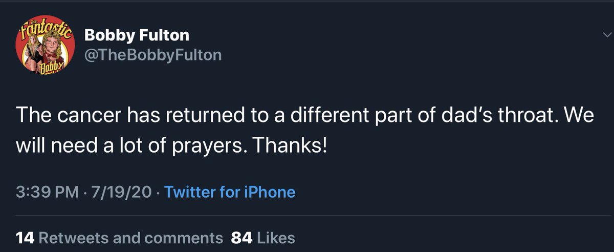 pwguru65's tweet image. #BobbyFulton has been hospitalized and his son shared announcement on Twitter stating that his father is now dealing with cancer in another part of his throat.