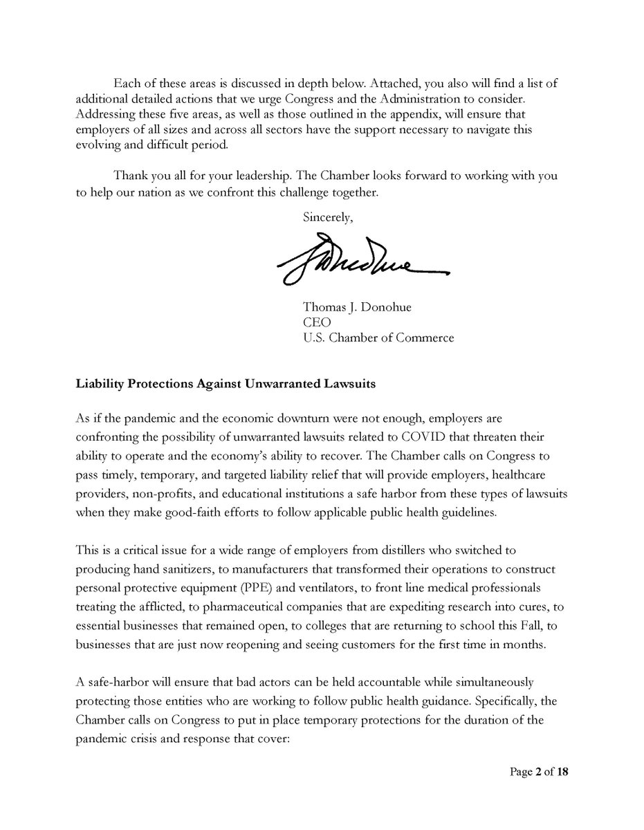 The US Chamber of Commerce wants LIABILITY PROTECTION for businesses when they reopen, so they can't get sued by employees if they get sick, among EIGHTEEN (!) pages of requests. LONG LIST.  https://doctools.newsdev.nyt.net/documents/72253-200716-us-chamber-of-commerce-phase4package-coronavirus-congress/read?displayMode=image