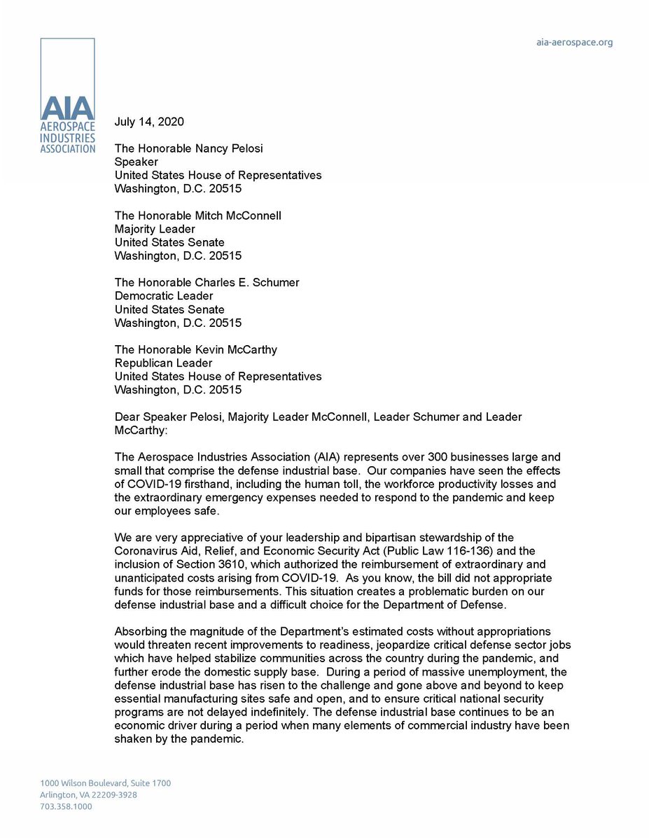 Military contractors--led by trade group whose members include Boeing and Lockheed Martin and smaller firms--pushing Congress to set aside money to reimburse them for Covid-related costs. (Letter to long to include with all signers)