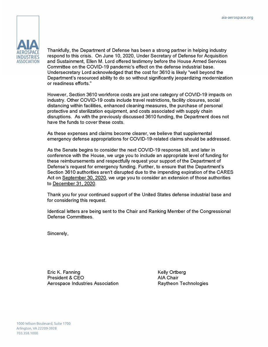 Military contractors--led by trade group whose members include Boeing and Lockheed Martin and smaller firms--pushing Congress to set aside money to reimburse them for Covid-related costs. (Letter to long to include with all signers)