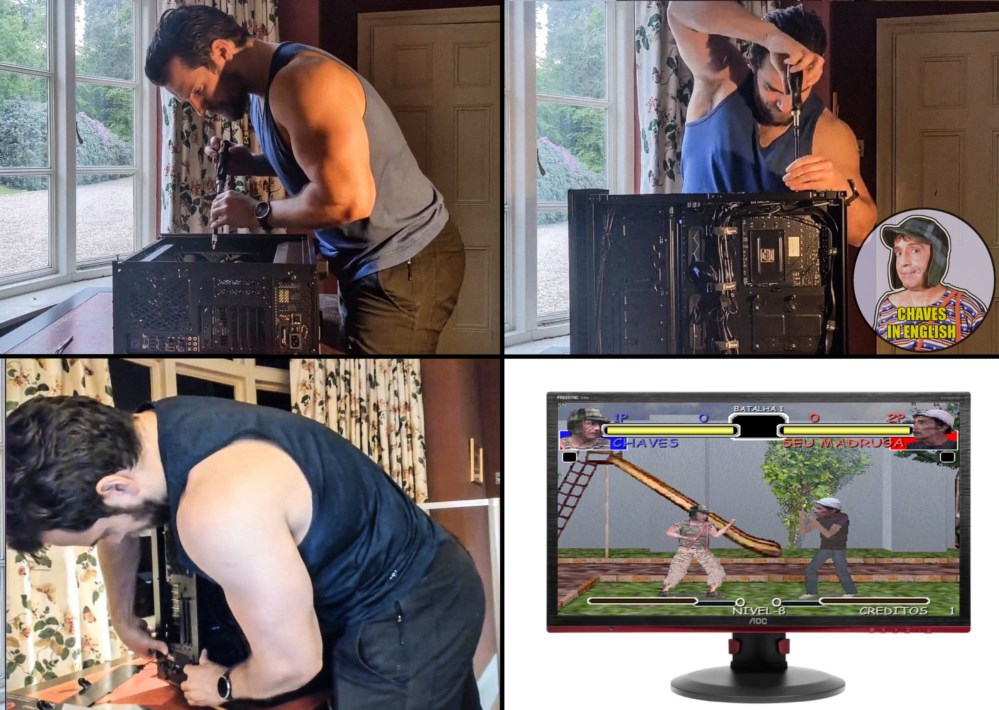 ChavesEmIngles's tweet photo. Também tive que fazer minha versão do meme do Henry Cavill arrumando o PC gamer para jogar esse jogão Goty!
#ChavesEmIngles #ChavesInEnglish #HenryCavill #follotrick #Chaves #ChavesNoSbt #StreetChaves https://t.co/SSgWfInbdY