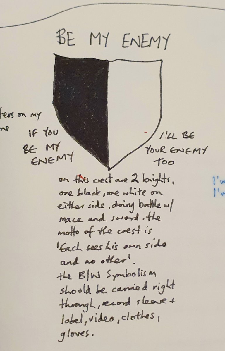 MickPuck's tweet photo. My sketch of the #BeMyEnemy logo, and the finished article, drawn by Karl Wallinger's flatmate Hillary #TimsTwitterListeningParty https://t.co/rgVgCH0ZNM