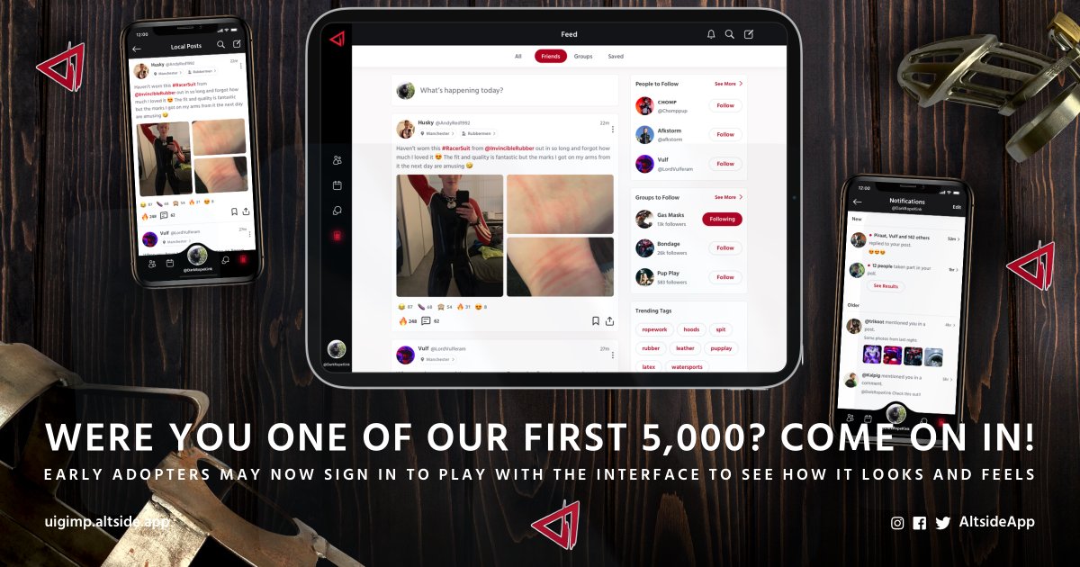 Our UI Gimp is now ready for "early adopters". If you signed up in the first 2 weeks after we launched the VIP Early Access site you can come on in and play. You can't add content but we're keen to see what you feel about the 2020 version of fetish apps! uigimp.altside.app