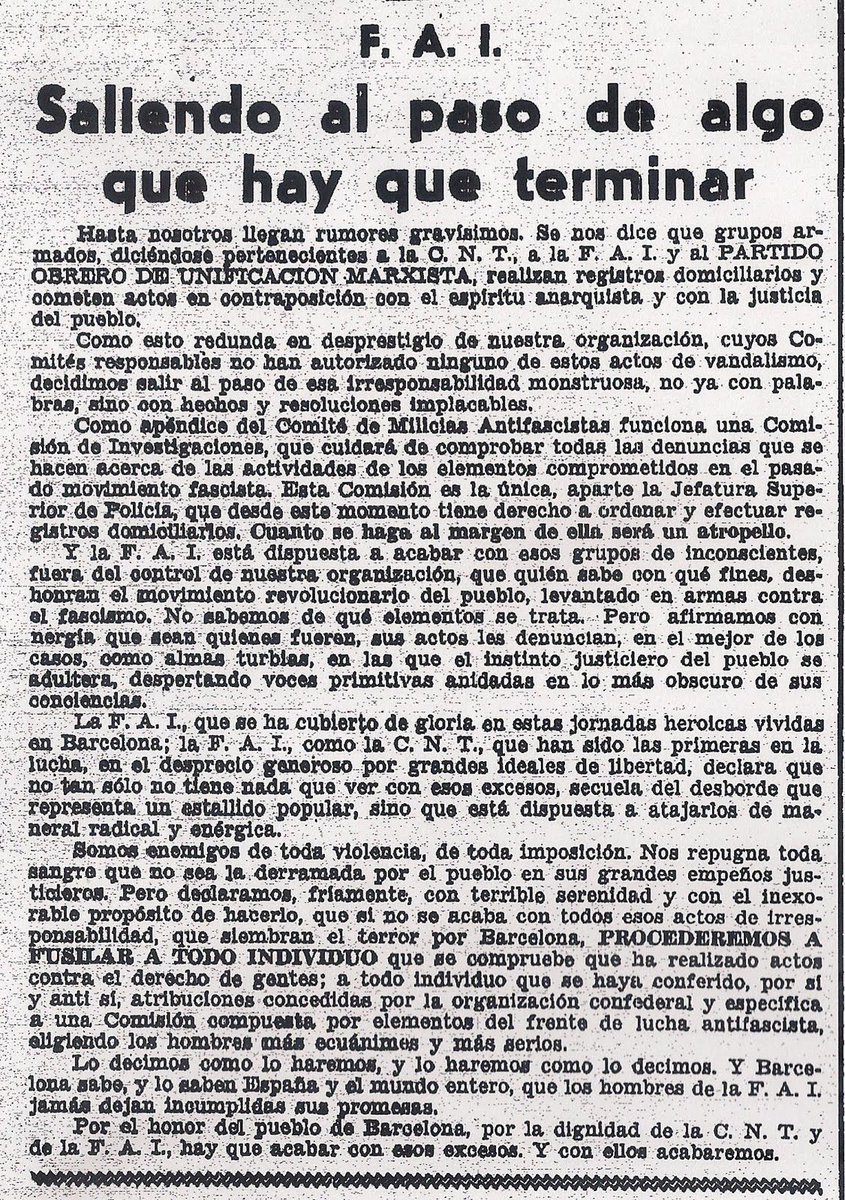 A pesar de los intentos de difamación tanto de las filas fascistas como del propio frentepopulismo, las organizaciones revolucionarias persiguieron a los criminales que utilizaban la Revolución para robar o cometer actos contra el pueblo. 
Comunicado de la FAI (24/7/1936)