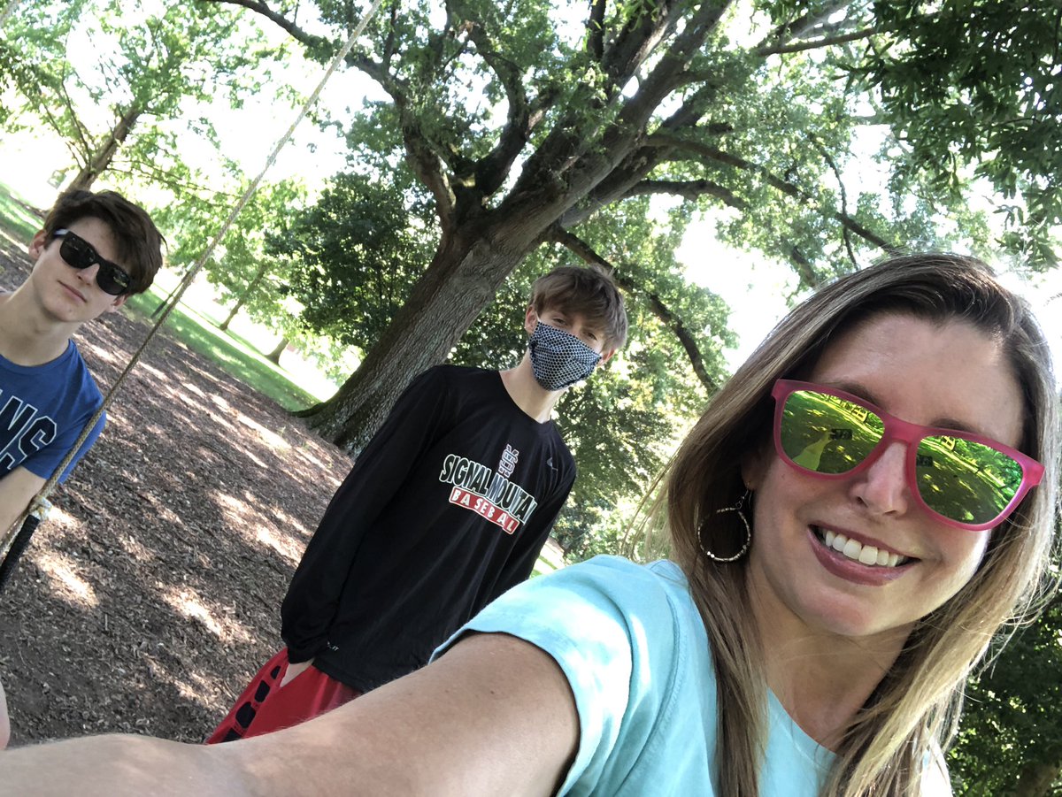 scottiepta's tweet photo. Don’t the boys look thrilled? 😂 Great tree swings at @WakeForest. 💛🖤 Go Demon Deacons!   #CollegeTour2020 #SocialDistanceStyle https://t.co/vpP4oWmrS7