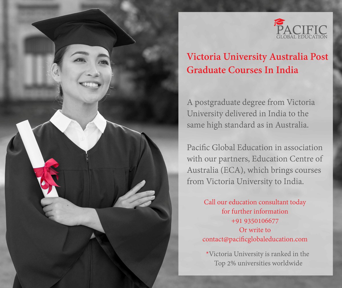 PacificGlobalEd's tweet image. A postgraduate degree from Victoria 
University delivered in India to the 
same high standard as in Australia. 

Pacific Global Education in association 
with our partners, Education Centre of 
Australia (ECA), which brings courses 
from Victoria University to India.