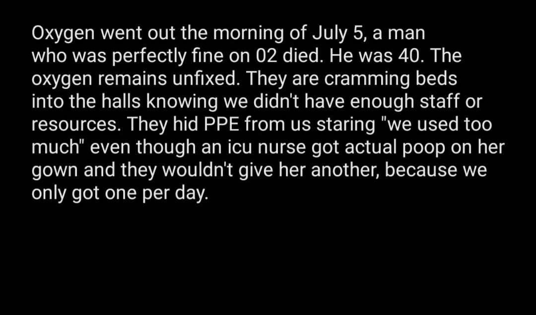 TW: Patients in abhorrent conditions. Patients placed in cramped rooms without adequate ventilation or air conditioning and full of medical equipment. Oxygen in the facility stopped working on July 5th, staff has been forced to using portable tanks for patients.