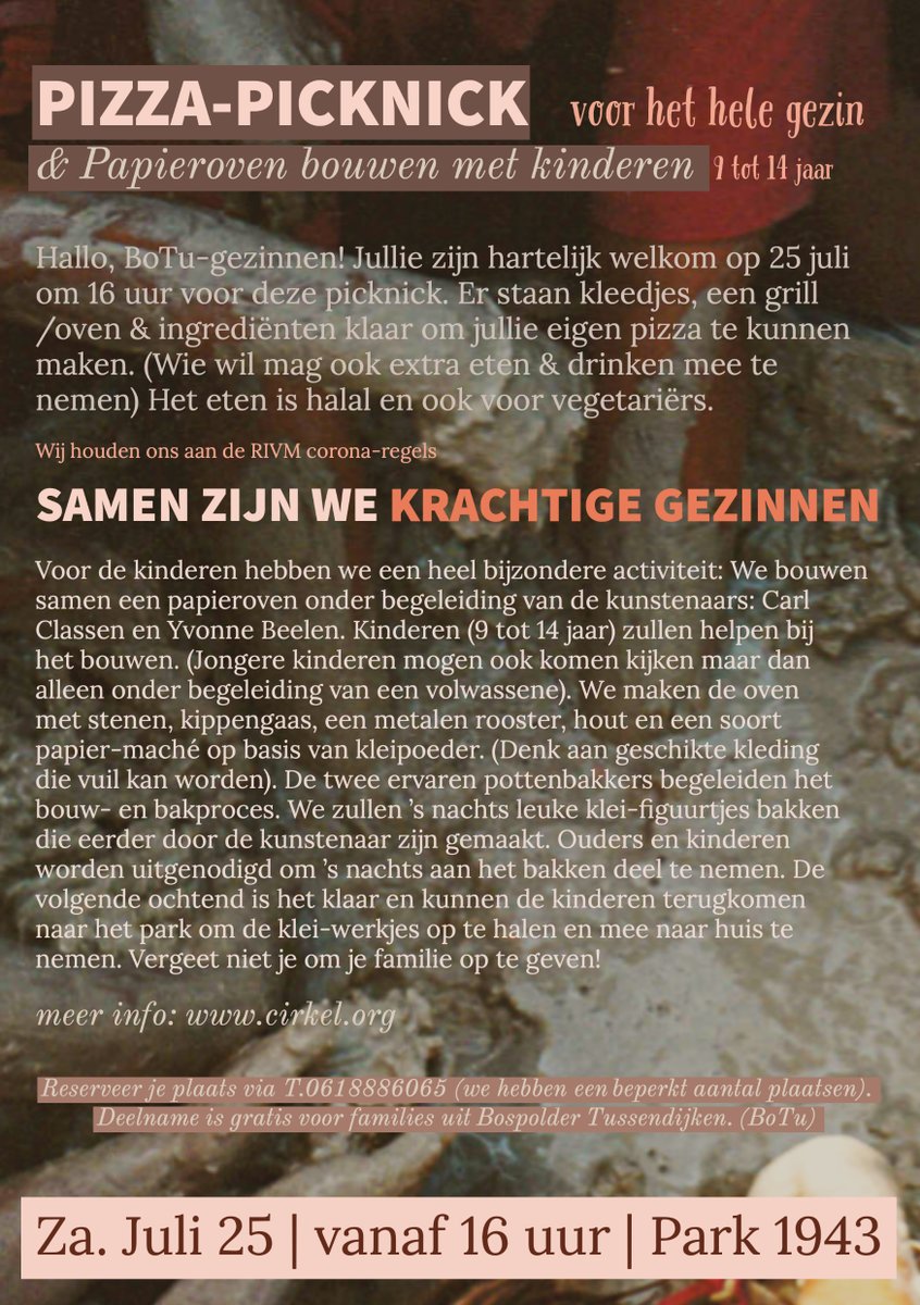 Cirkel10's tweet photo. #bospolderTussendijken gezinnen,  kom maar je eigen pizza maken @  #park1943.  We bouwen samen een papieroven onder begeleiding van de kunstenaars: Carl Classen en Yvonne Beelen.  25 juli vanaf 16 uur. https://t.co/0PUFV2drla