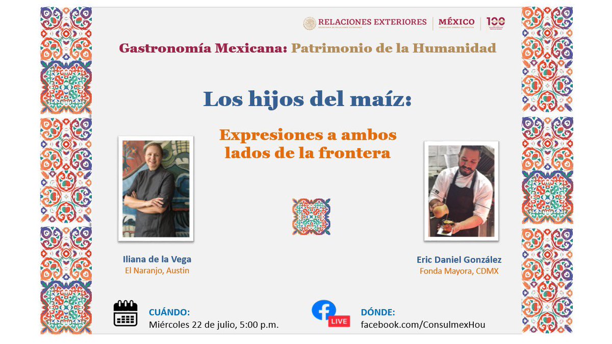 ConsulMexHou's tweet photo. #DiplomaciaCulturalMX: 
Este miércoles acompáñanos en el primer conversatorio de la serie “Gastronomía Mexicana, Patrimonio de la Humanidad“ con los chefs Eric Daniel González de  e Ileana de la Vega, desde ambos lados de la frontera 🇲🇽🇺🇸😋

@FondaMayora @elnaranjoaustin https://t.co/n8dQ66WeUs