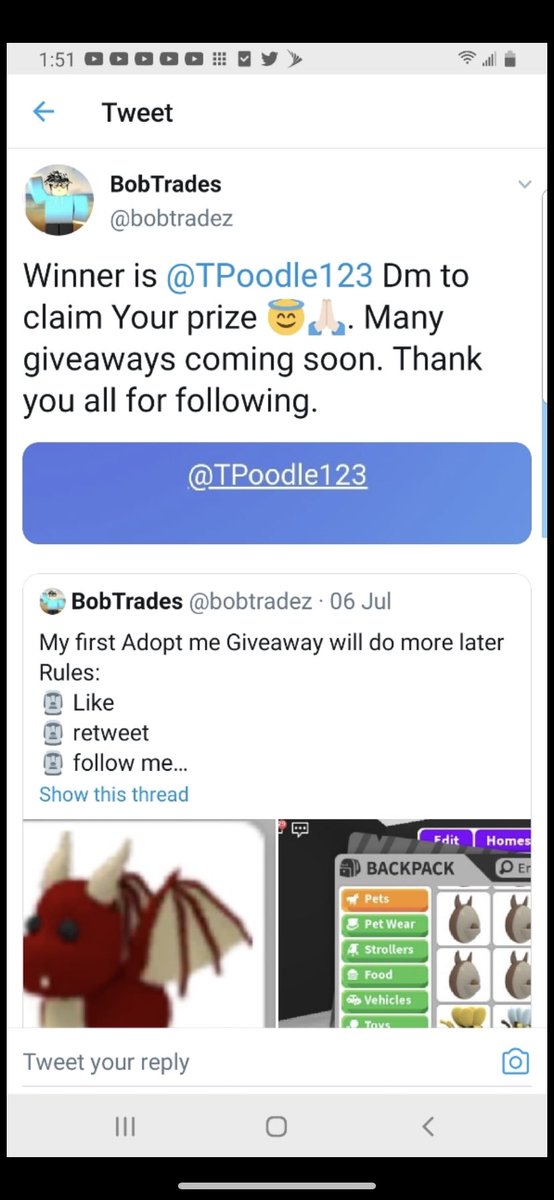 TPoodle123's tweet photo. @bobtradez is a scammer :( I won his dragon and he never gave it to me. He even blocked me! I’ve been trying to ask him every day but he ignored me then blocked me today :(( dragon was my dream pet https://t.co/O8UyxAbChp