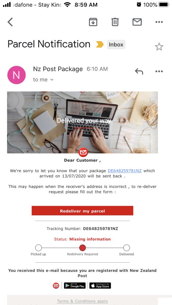 AmandaTJade's tweet photo. @nzpost Looks like there is a scam running using your brand identity. Asking people to verify their details with an address and credit card. https://t.co/ewuZrz2FpM