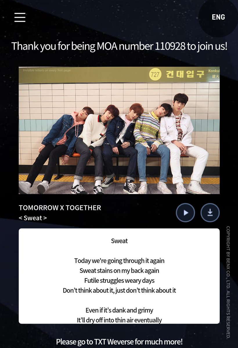 yjh_diamond's tweet photo. Hi MOA!! I'm practically a baby moa so I have a question... Can we not download sweat from the website? Is it available anywhere else where I can download all of it?
@TXT_members #MOA #TOMORROW_X_TOGETHER #sweat #eternally #dreamchapter https://t.co/2bHxtd2wWP