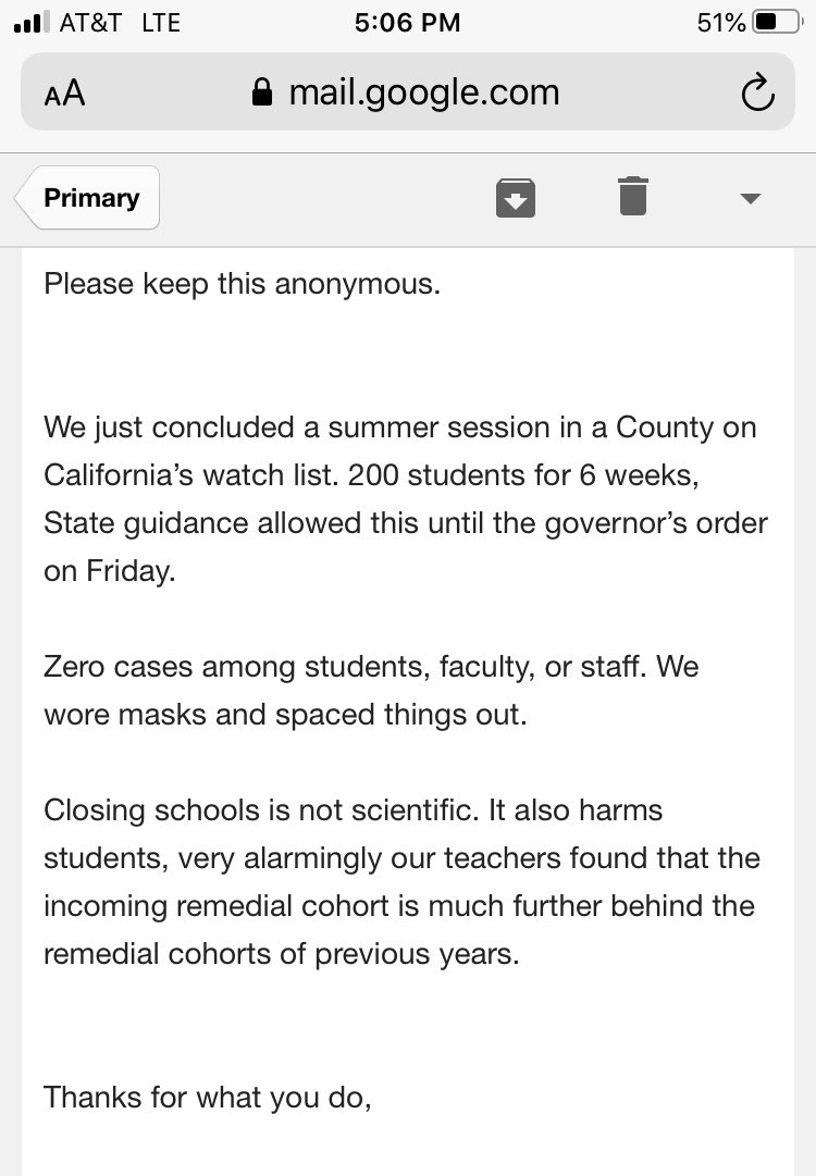 From a summer school session in California: 200 students for six weeks, zero cases among any students or staff. It would be an anecdote except it matches practically all the data.

KEEP SCHOOLS CLOSED FOREVER! The little fools will figure it all out sooner or later.