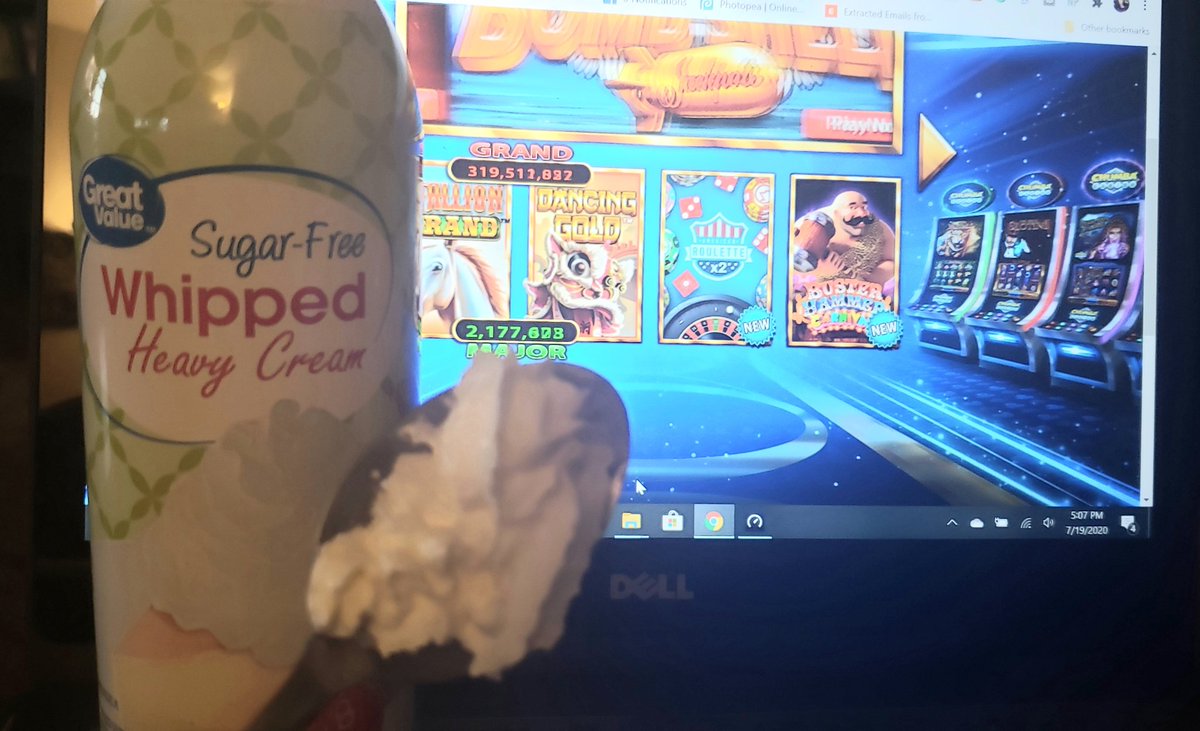 AliceInCasino's tweet photo. I'm playing online slots and eating whipped cream out of a can? Do I have a problem? It's sugar free and I am using a spoon! #bored #missingVegas https://t.co/AwZprpnnQP