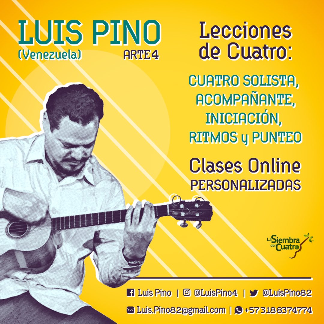 LuisPino82's tweet photo. Apreciados amigos
Como siempre, les saludo ahora retomando esta plataforma! Y quiero invitarlos a que participen en mis clases de cuatro venezolano, para que aprendas las técnicas, fundamentos del instrumento, claves de dominio de la música y lograr una limpia ejecución #Arte4 https://t.co/SguMsHcDv6